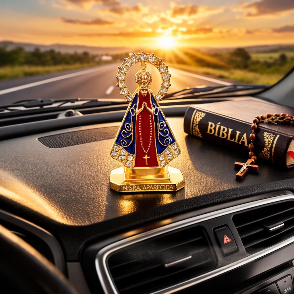 Imagem Nossa Senhora Aparecida 8cm em Metal Dupla Face para Carro Casa Escritório – Detalhes em Strass Artigo Religioso