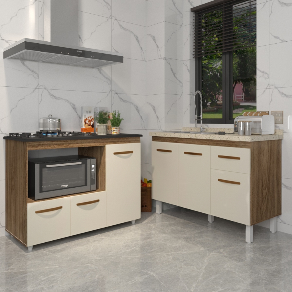 Gabinete Cozinha Armário Balcão de Pia 120 cm Aline e Balcão para Fogão Cooktop 5 Bocas e Forno Alana Savana Off White