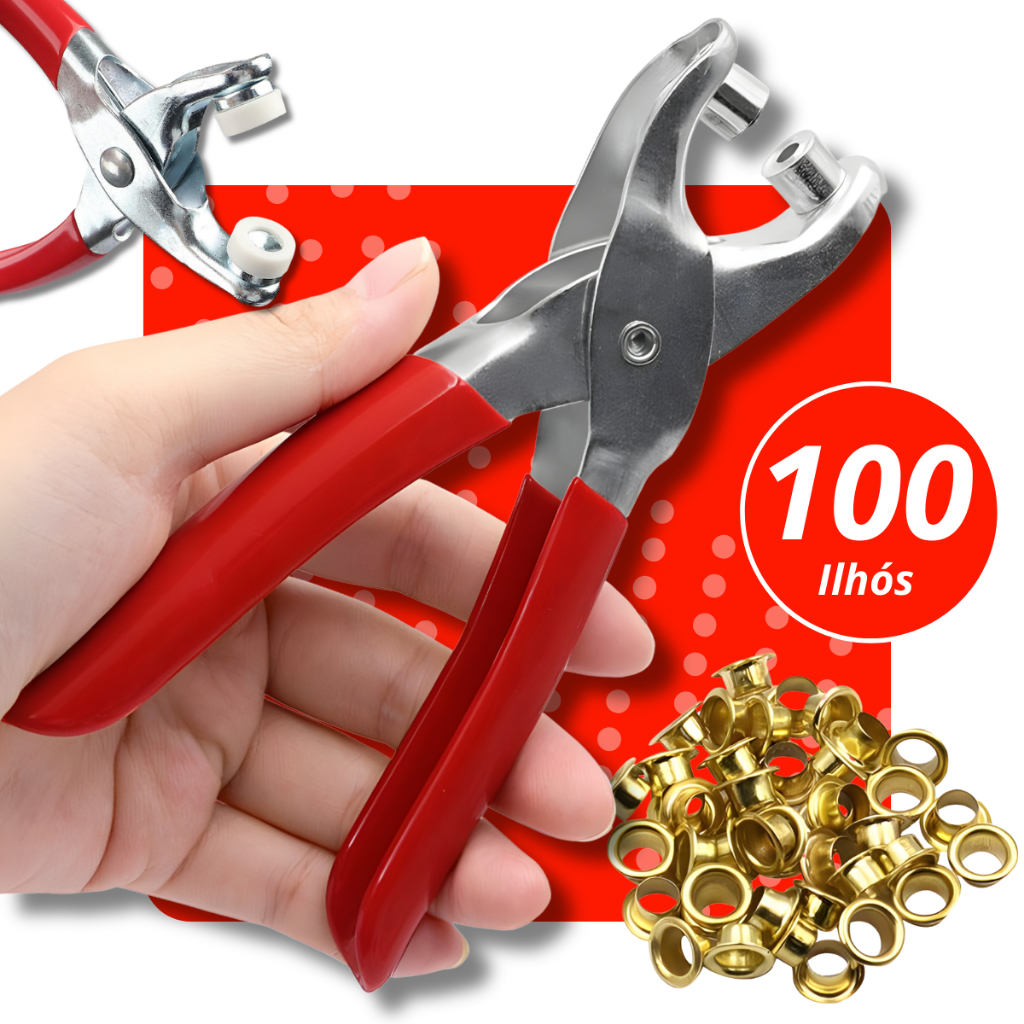 Furador Aplicador de Ilhos Alicate Manual + 100 Ilhoses Dourados Rebite Kit Profissional