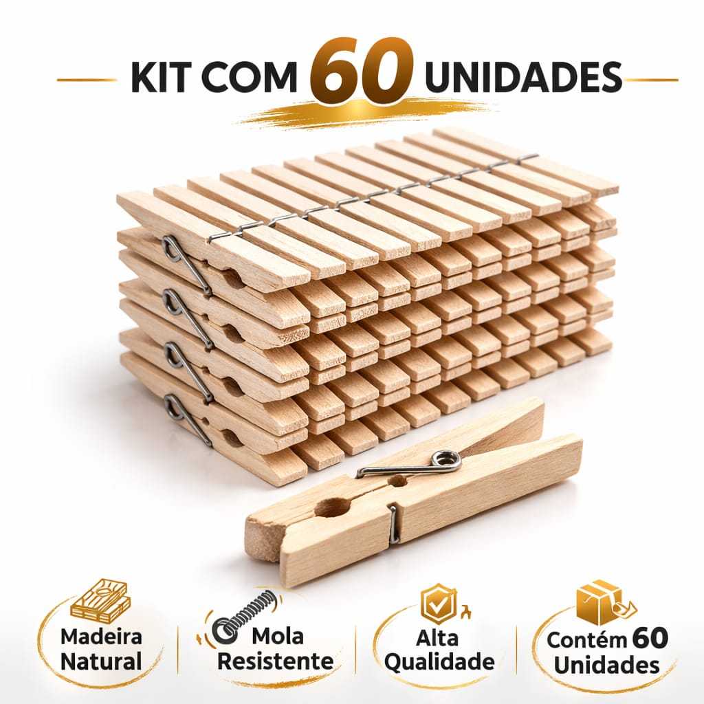 Prendedores de Roupas de Madeira Reforçados Kit com 60 Antideslizantes para Varal em Oferta na Shopee