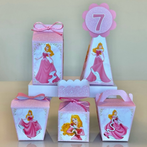 Kit Festa Bela Adormecida Aurora - Pegue e Monte - Lembrancinhas Personalizadas Caixinhas