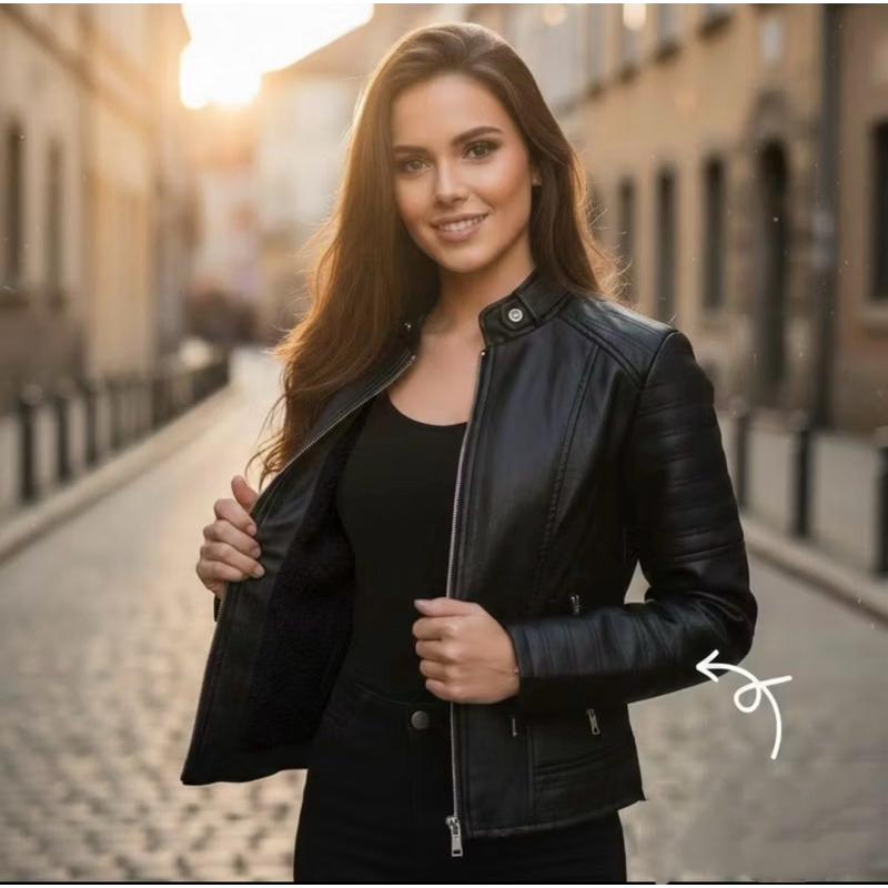 Jaqueta Feminina Couro Sintético Zíper na Manga Elegante Casual 001 em Oferta na Shopee