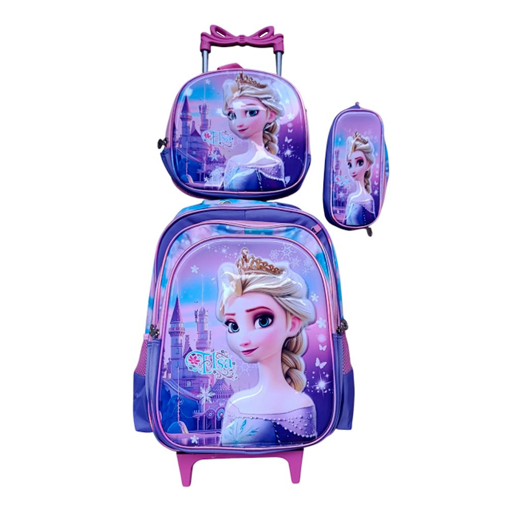Kit Mochila da Frozen Lilás com Rodinhas + Lancheira Térmica + Estojo Escolar em 3D Alto Relevo