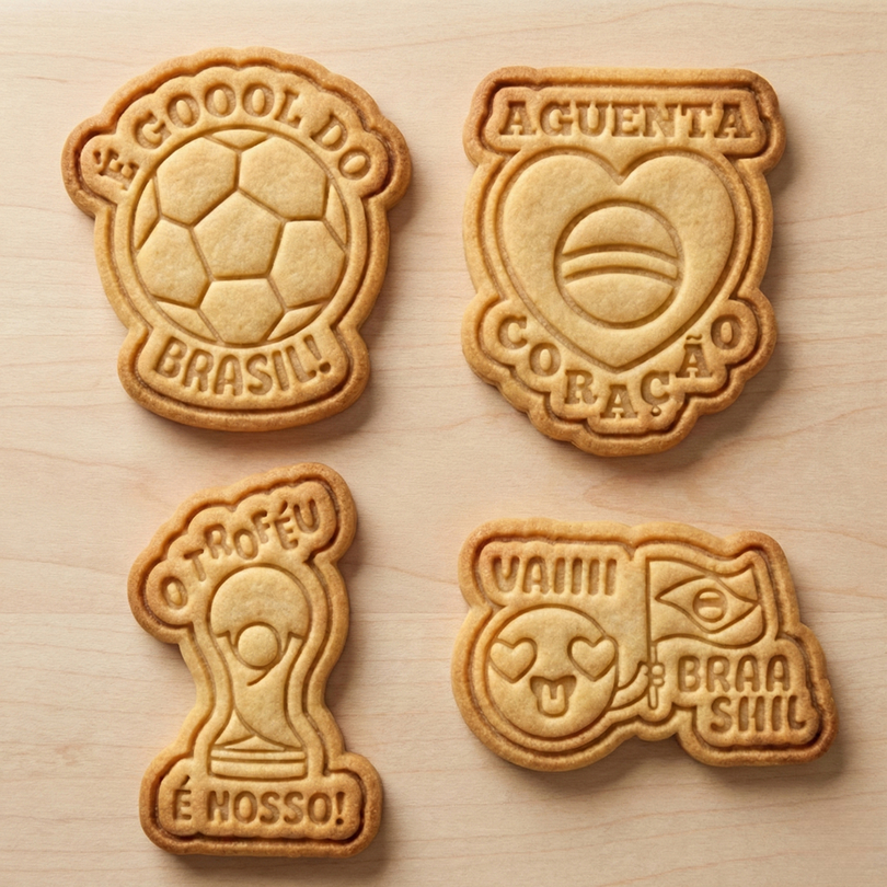 Kit 4 Cortadores e Marcadores de Biscoito 3D Copa do Mundo Brasil Frases Futebol Seleção Brasileira 6cm