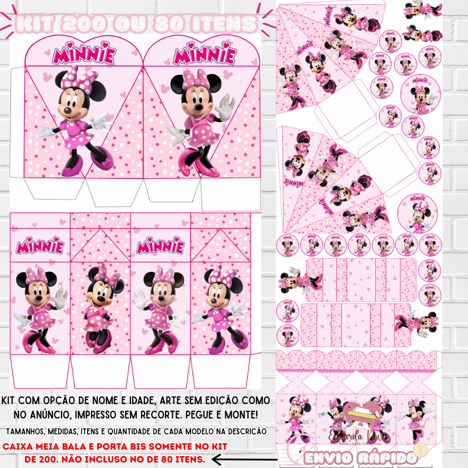 KIT LEMBRANCINHAS PARA FESTA (200/80) (CAIXAS, APLIQUES E TAGS) (COM/SEM NOME) TEMA:MINNIE ROSA em Oferta na Shopee
