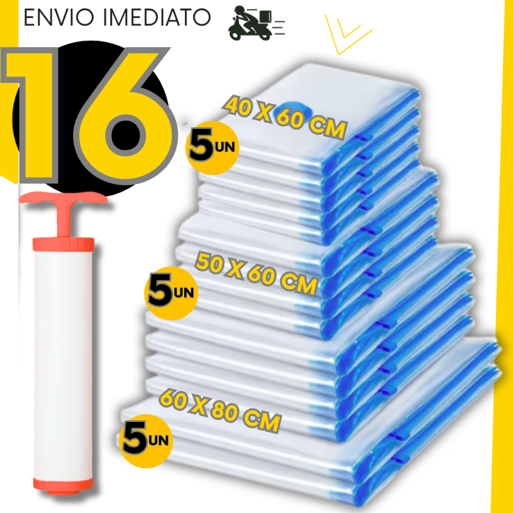 Kit 16 Saco a Vácuo e Bomba Organizador Viagem Mala Casa Armario Guarda Roupa Cobertas Edredon