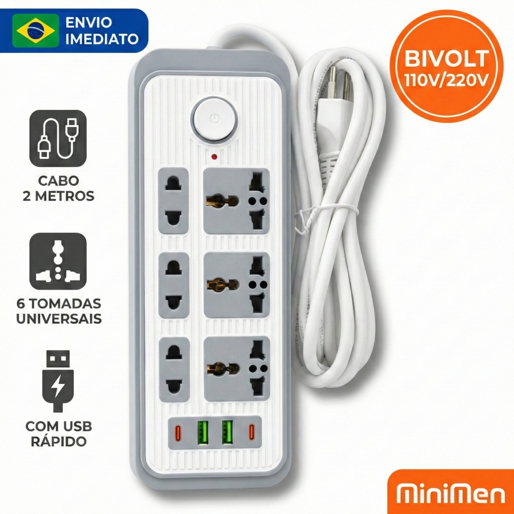 Minimen Filtro de Linha Extensão 6 Tomadas e USB Cabo 2M Padrão Universal Branco MM-534