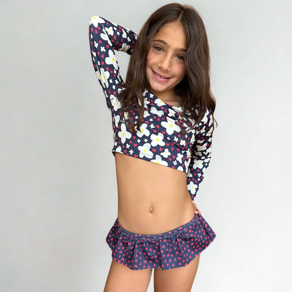 Biquíni Bebê e Infantil Up Baby Proteção UV 50+ Feminino Cropped Manga Longa Flores Marinho Menina Praia e Piscina