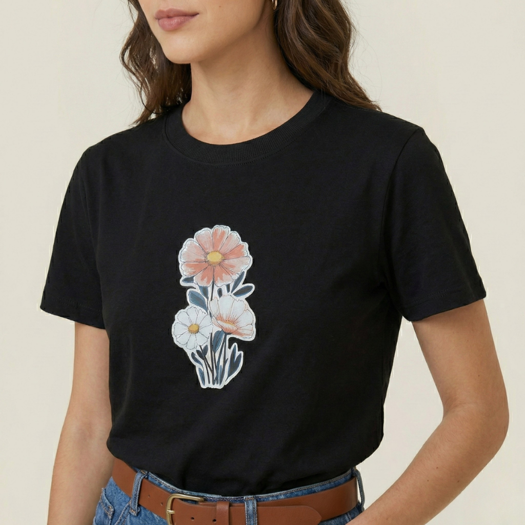 Camiseta Blusa Feminina Tshirt 100% Algodão Estampa Patch Flores