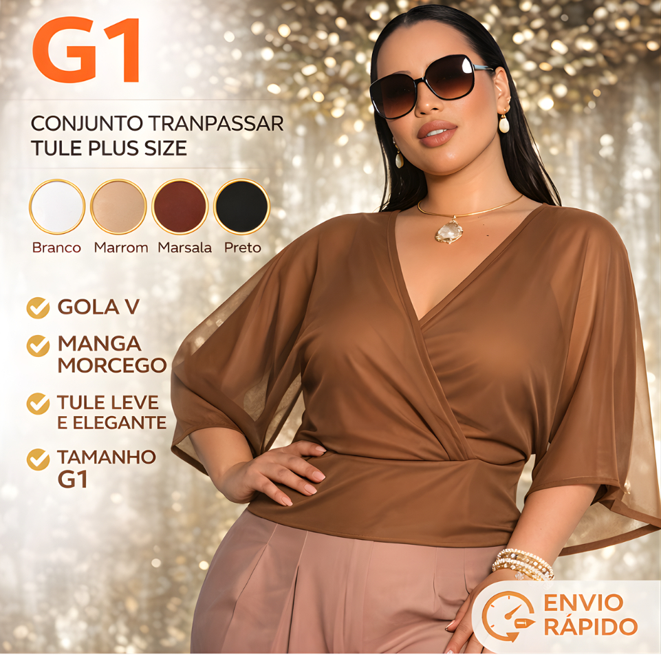Blusa Traspassada Tule Plus Size Manga Morcego + Top Interno Gola V Tamanho Único G1