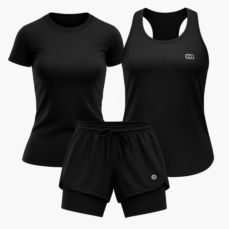 Conjunto Feminino – Regata Dry Fit + Bermuda Dupla Compressão c/ Bolso | Academia & Corrida em Oferta na Shopee