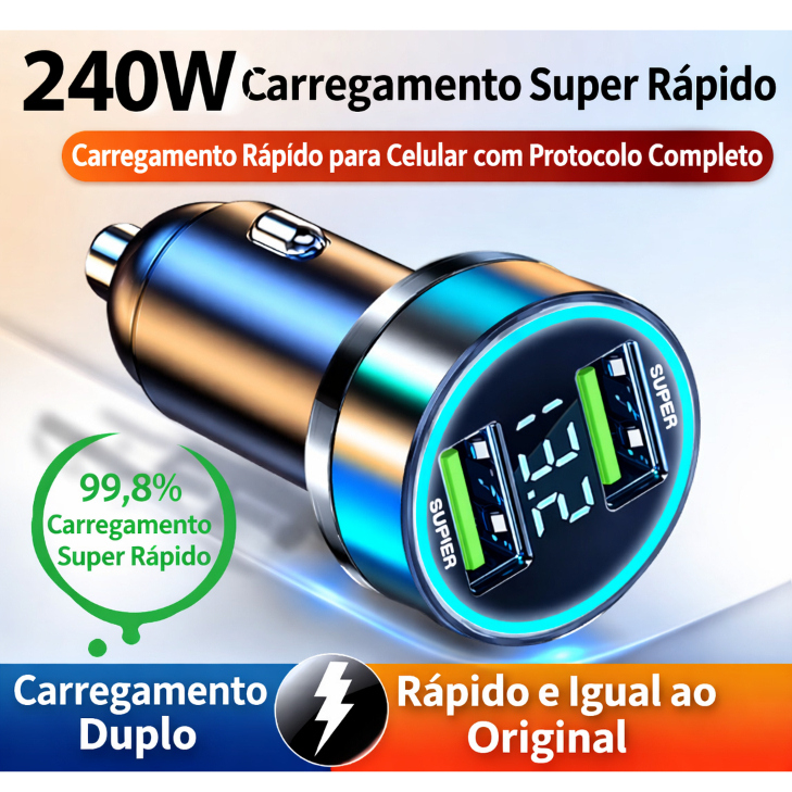 Carregador Veicular Turbo 240W Super Rápido com Display Monitor Bateria Dual USB Carregador De Celular Para Carro