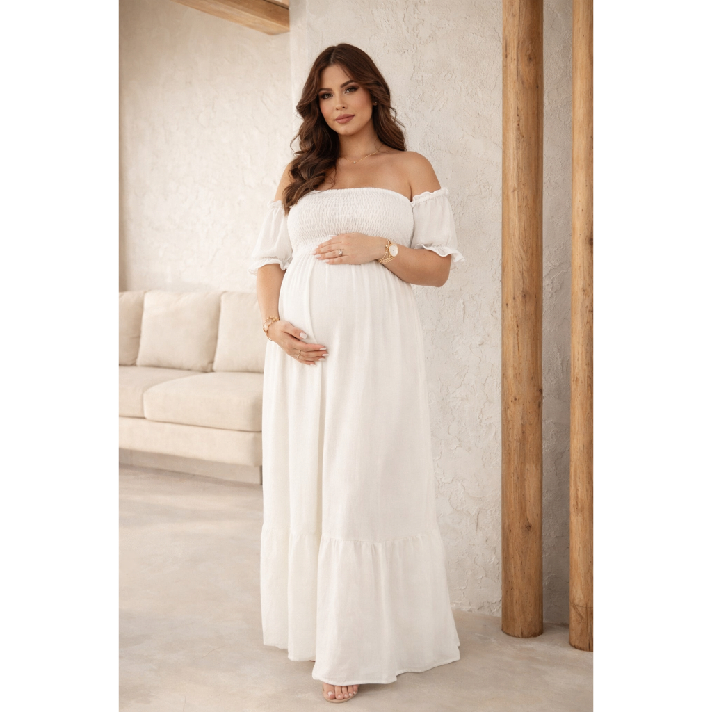Vestido Longo Para Grávidas Gestante Ciganinha Ombro a Ombro Casual Fácil Amamentação Soltinho