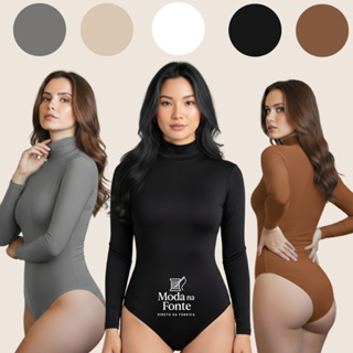 Body Feminino Gola Alta Manga Longa Suplex Cacharrel Segunda Pele Confortável Tecido Premium em Oferta na Shopee