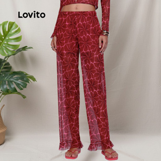 Lovito Bossa l Calça em Tule Estampa Floral Vermelha e Rosa Babados na Barra PTB15761606 em Oferta na Shopee