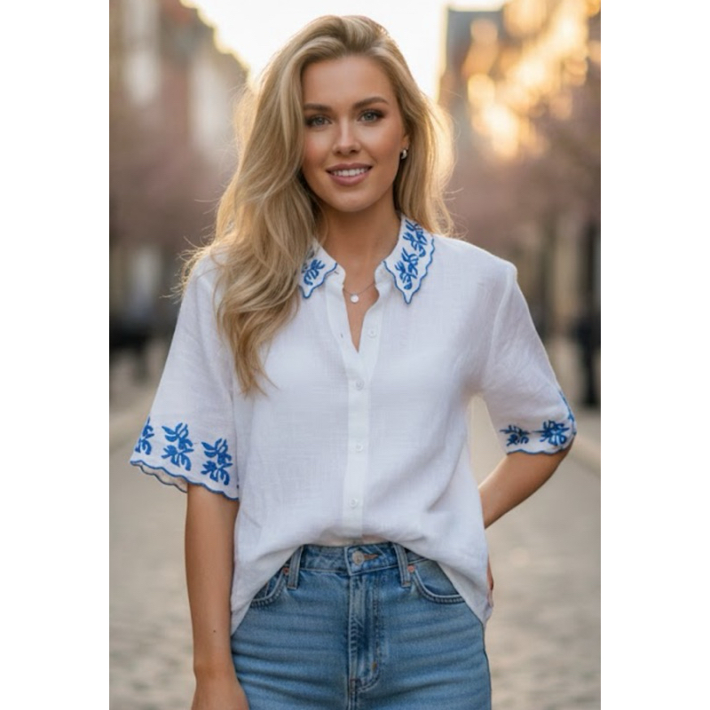 camisa feminina manga curta tecido linho bordada em Oferta na Shopee