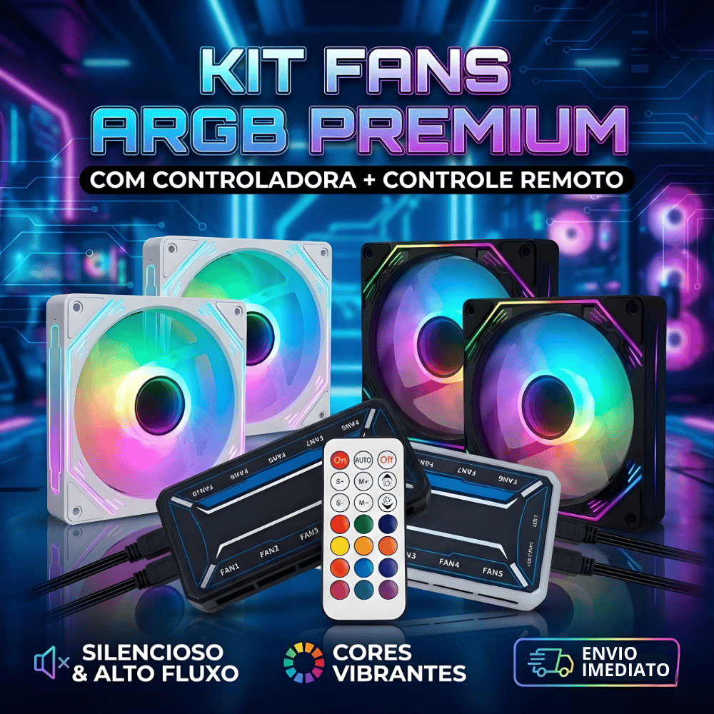 Kit 3 a 10 Fans Cooler para PC Gamer ARGB 120mm Preto Branco + Hub Controladora com Controle Remoto