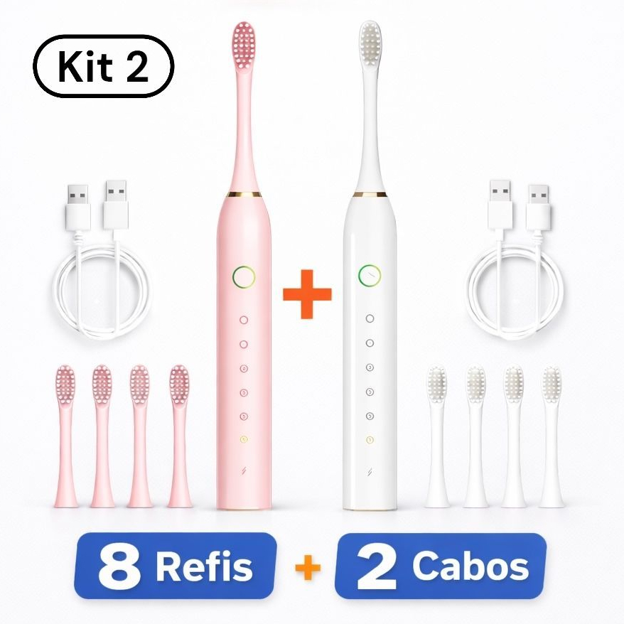 Kit Escova de Dente Elétrica 2 Unidades | Recarregável Ns | IPX7 À Prova dÁgua + 7 Modos + 8 Cabeças