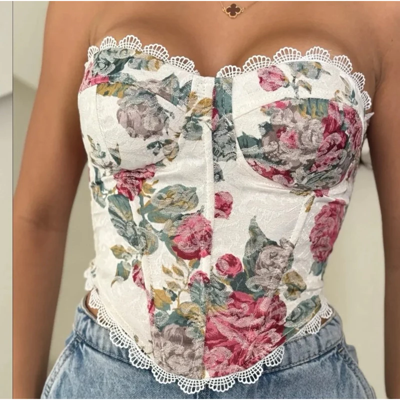 Corset  Floral Tomara que Caia com Bojo e Amarração Traseira — imagem 1