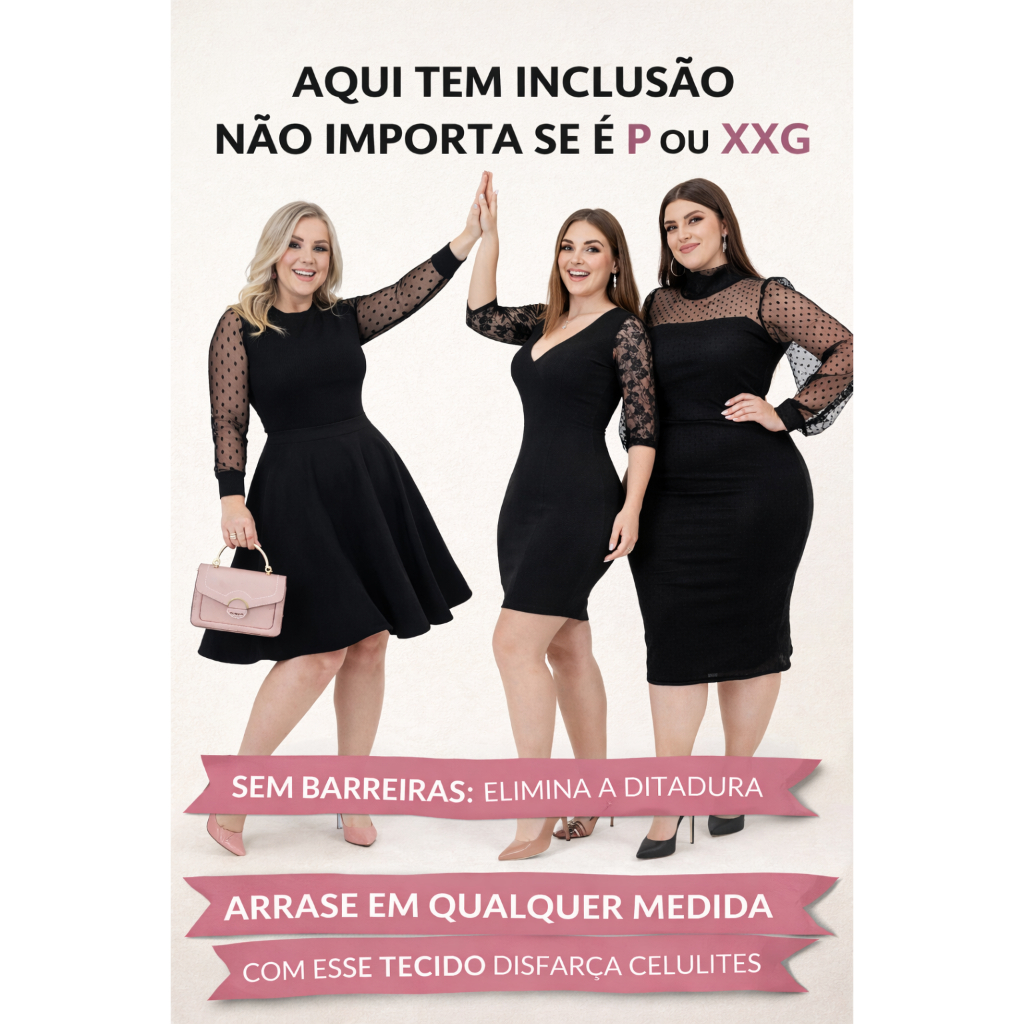 Vestidos Plus Size Moda Evagélica Social Modesta Preto Renda Rodado Evasê Mais Vendidos do Momento Gola Alta