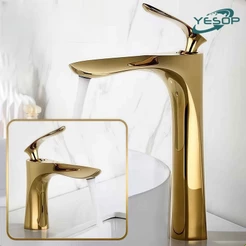 YESOP Torneira Para Banheiro Monocomando Cascata Dourada Ouro Luxo Inox 304 Misturador Quente Frio