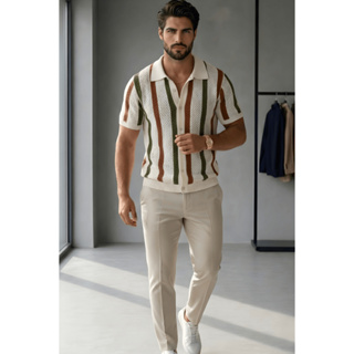 Camisa Masculina Gola Cubana Listrada Tricô Luxo em Oferta na Shopee