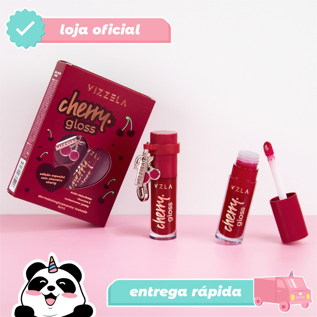 Gloss Labial Vizzela Cherry Volumoso Hidratante Brilho Irresistível Vegano Original Vizzela em Oferta na Shopee