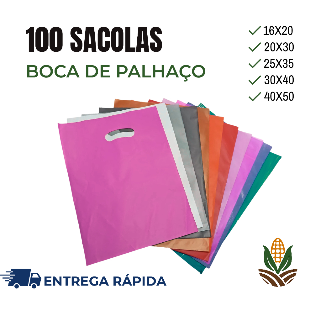 100 Sacolas Plásticas - 16X20 / 20X30 / 25X35 / 30X40 / 40X50 - Boca de Palhaço / Alça Vazada - Loja