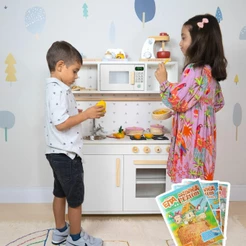 Cozinha Infantil Pia Fogão Microondas Madeira Branco Faz de Conta Chef Kit Livro Educativo
