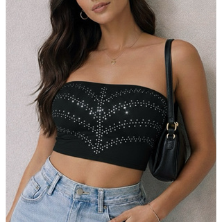Croped Top Faixa Carol em Pedraria Strass com Bojo em Oferta na Shopee
