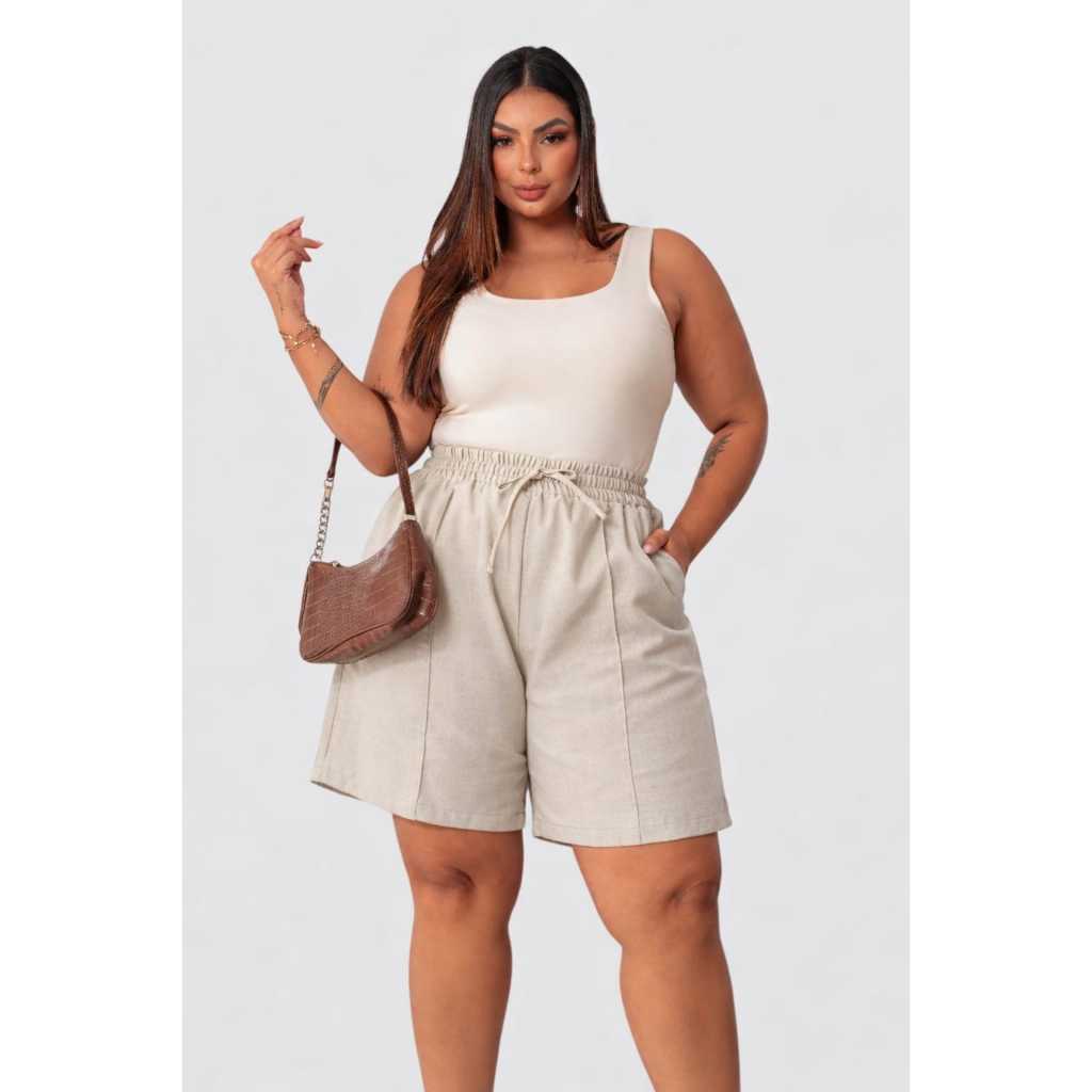 Short Feminino Plus Size  Linho Bermuda Cintura Alta Com Bolsos Laterais Casual Conforto e Estilo em Oferta na Shopee