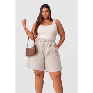 Short Feminino Plus Size  Linho Bermuda Cintura Alta Com Bolsos Laterais Casual Conforto e Estilo em Oferta na Shopee