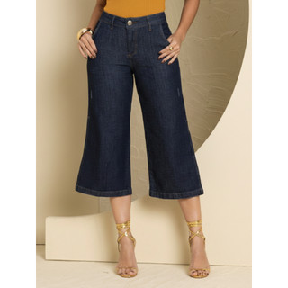 Calça Jeans Pantacourt Feminina Com Fenda Com Elastano Pantalona Alfaiataria Lycra