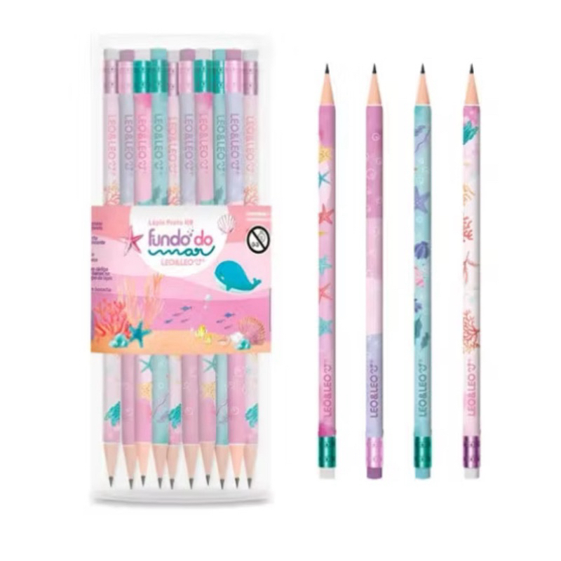 Kit Lápis de Escrever HB2  Fundo do Mar com  Borracha Leo&Leo Material Escolar HB Grafite Resistente em Oferta na Shopee