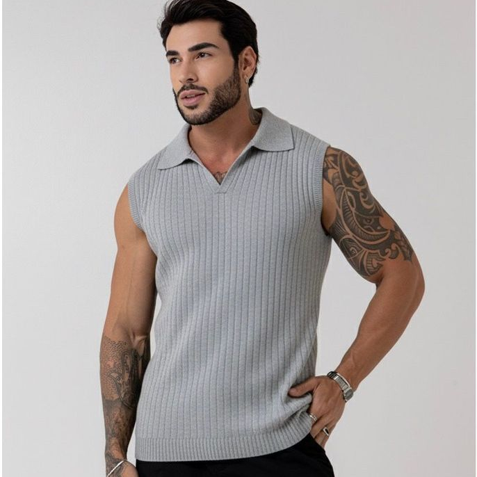 regata masculina sem manga gola polo tricot blusa verão primavera homens casual em Oferta na Shopee