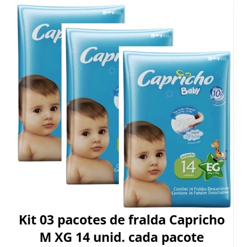 Kit 03 pacotes fralda descartável Capricho Baby jumbo EG 14 unid. pacote bebê promoção