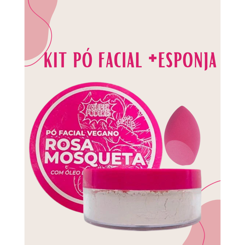 Kit Pó Solto Facial Vegano + Esponja de Maquiagem | com óleo de Rosa Mosqueta Maquiagem barata| Super Poderes