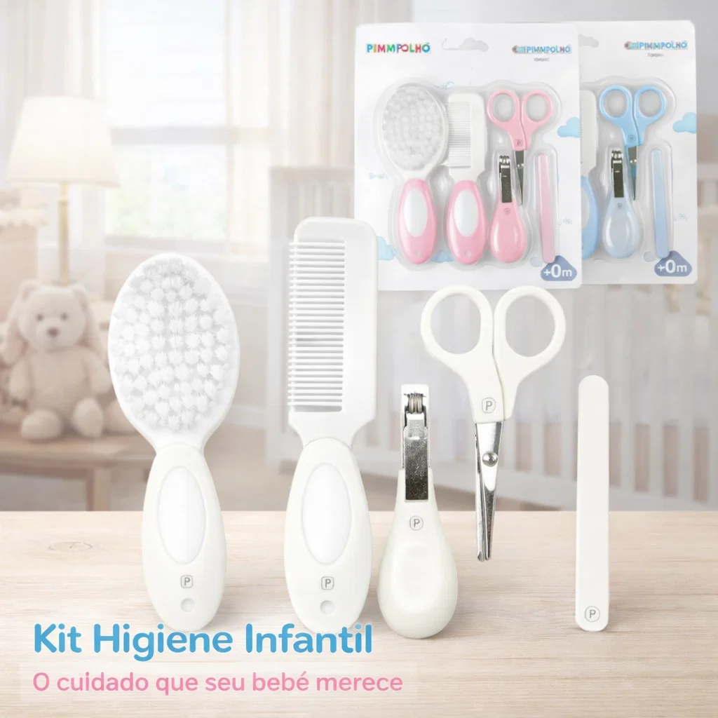Kit Higiene Bebê 5 peças Escova, Pente, Tesoura, lixa e Cortador Branco Azul Rosa