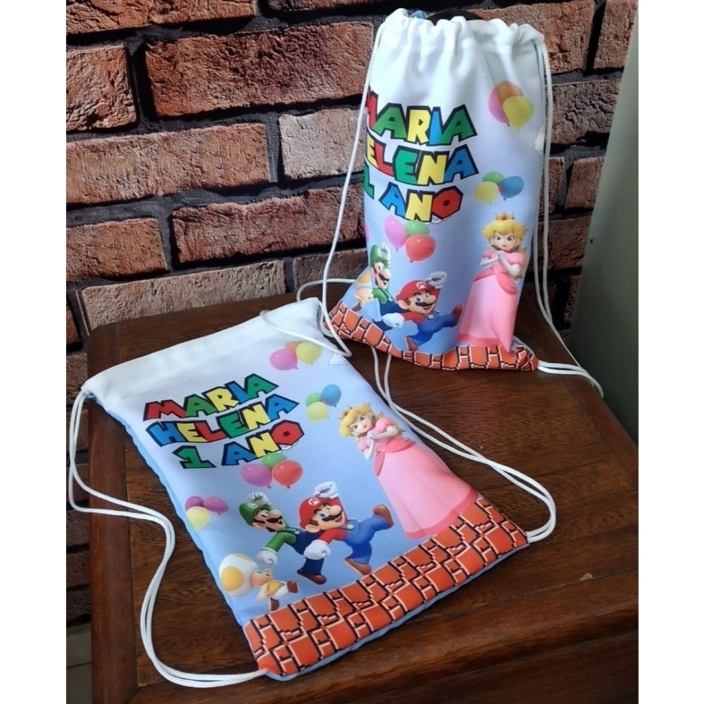 Kit 20 Mochilinhas Sacochila Personalizada Super Mario Bros Aniversario Festa Lembrancinha