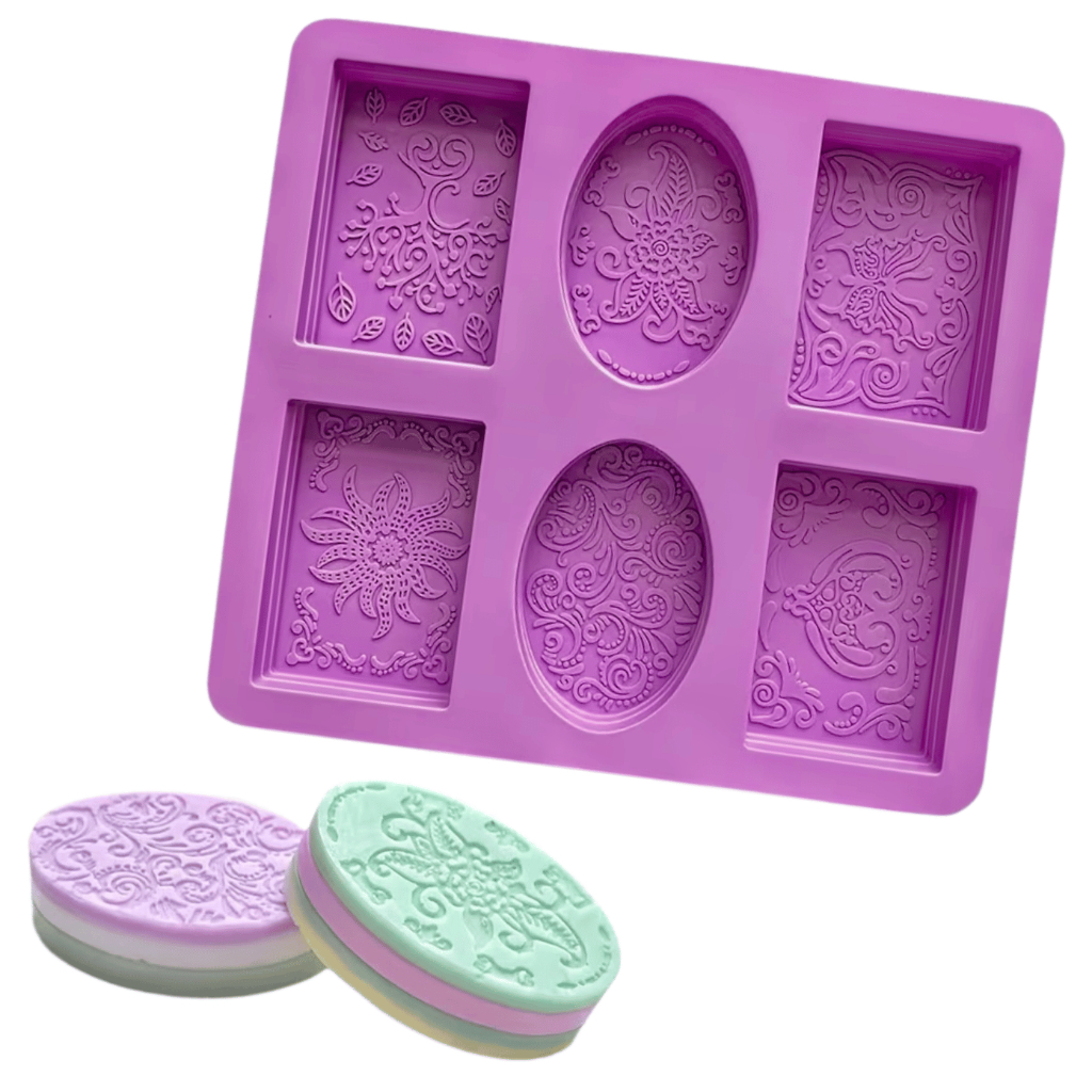 Molde De Silicone Sabonete Artesanal 90g Forma Retangular e Oval Texturizadas Arabescos Florais