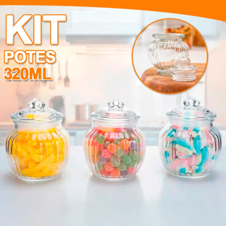 Kit 1 a 3 Potes De Vidro Hermético Com Tampa Para Alimentos Bomboniere Doces Massas 320ML em Oferta na Shopee