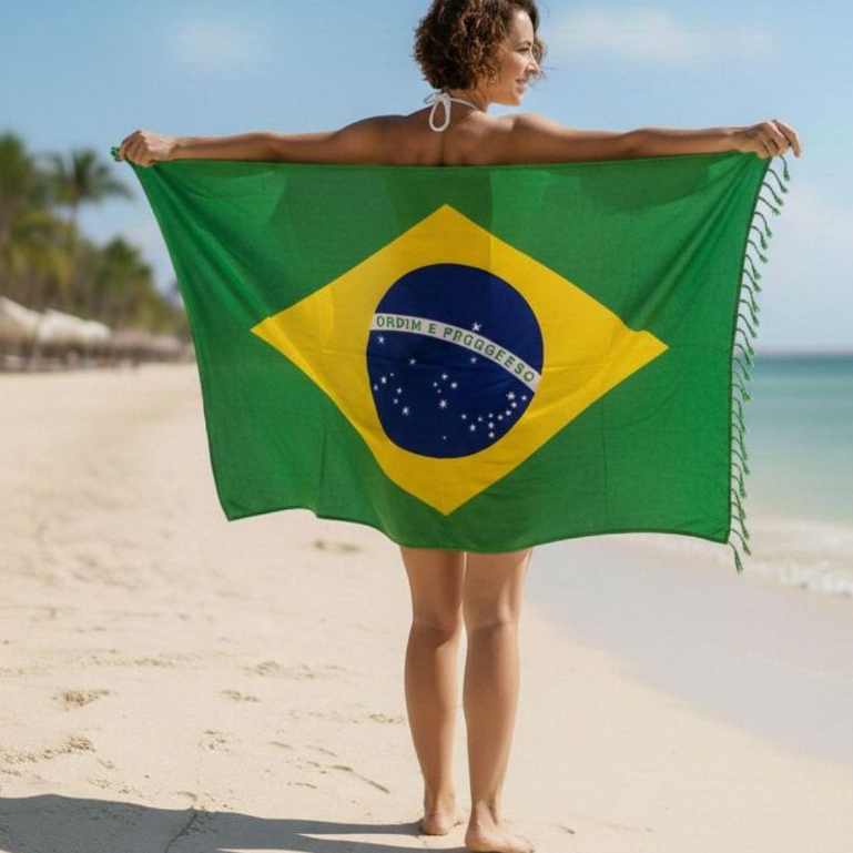 Canga de Praia Bandeira do Brasil Grande Saída de Praia Multiuso Toalha Verão Moda Praia Tendência