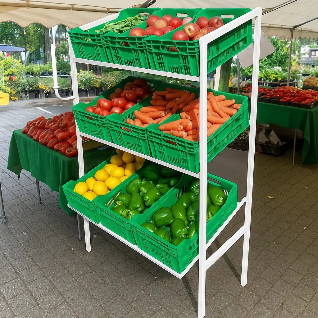 Expositor De Frutas Suporte + 9 Caixas Hortifruti Organizador Frutas Legumes Verduras