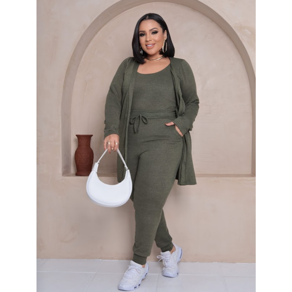 Conjunto Trio Lanzinha Plus Size Feminino Inverno Cardigan, Regata e Calça Jogger em Oferta na Shopee