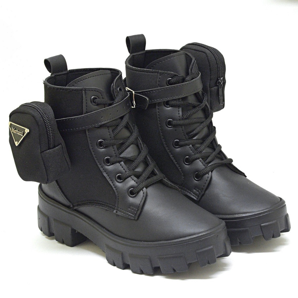 Coturno Bota Botinha Feminina Blogueira Plataforma Militar C/Bolsinha Removivel