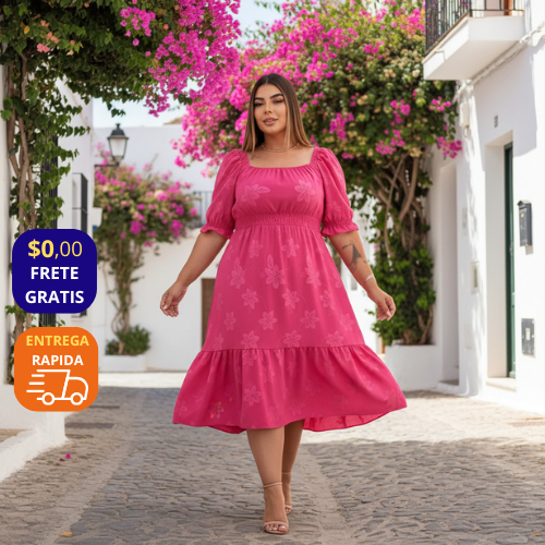 Vestido  Plus Size Feminino Elegante | Manga Curta Bufante | Estampa Prensada | Valoriza as Curvas