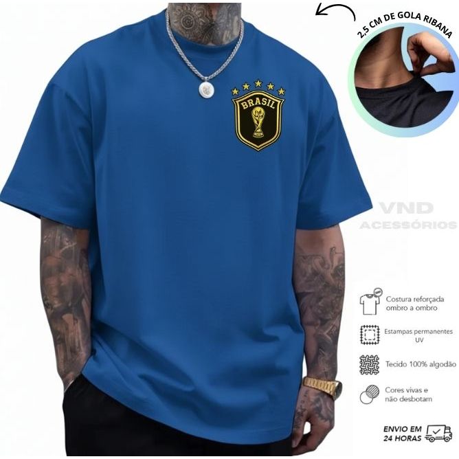 Camiseta Masculina Brasil Copa do Mundo 100% Algodão 30.1 Camisa Estampada Brasileira Taça