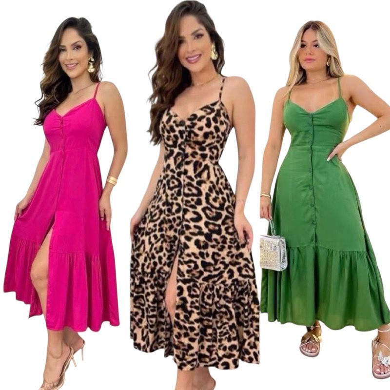 Vestido Longo Com Botões Na Frente Com Babado e Bojo Elástico Costas Moda 2025 em Oferta na Shopee