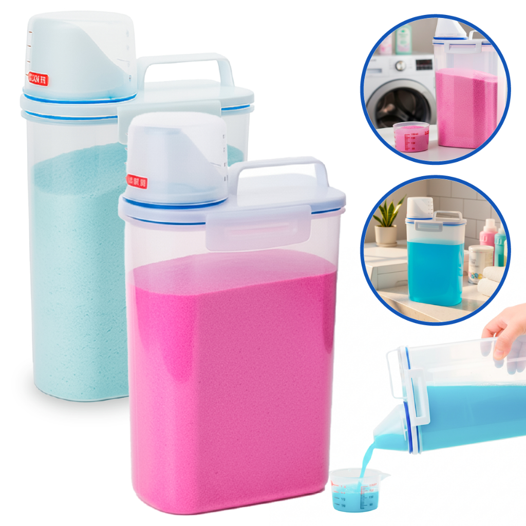 Kit 2 Dispenser Organizador Lavanderia 2 litros Pote Hermético Copo Dosador (AMACIANTE, SABÃO EM PÓ, SABONETE LÍQUIDO)