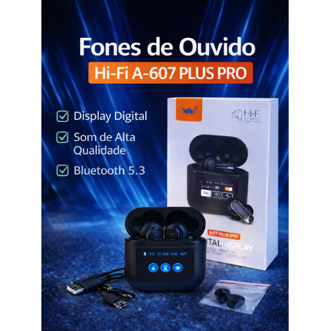 A-607 Plus Pro, Fone de Ouvido Bluetooth TWS, headset, Tela LCD Touch, Cancelamento de Ruído